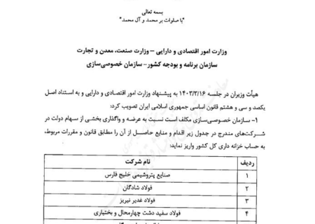 دستور واگذاری سهام دولت در ۹ شرکت فولادی و پتروپالایشی