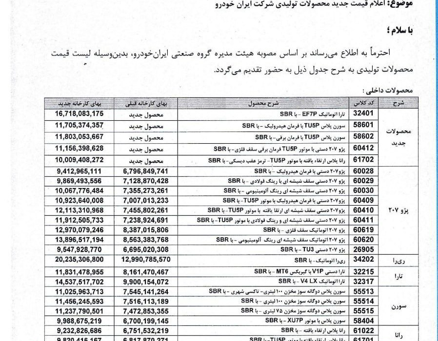 ایران خودرو قیمت جدید محصولات خود را اعلام کرد + جدول